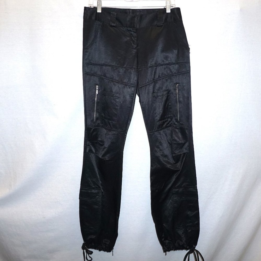 GUESS COLLECTION black satin disco hiphop retro pants tie/zip ankle cargo zips 6